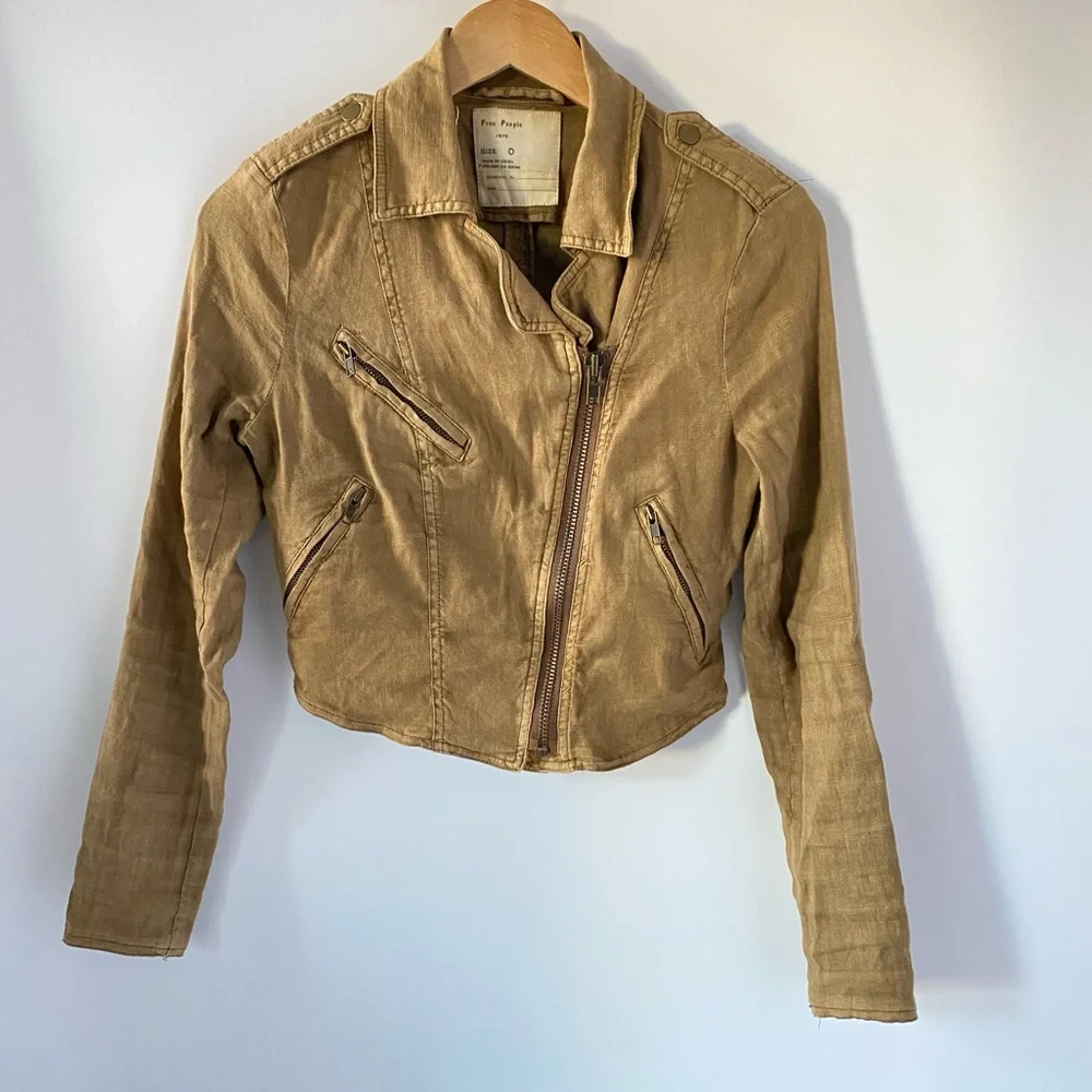 Free People Cropped Moto Jacket in Light Brown - Picture 1 of 4